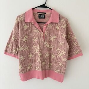 Scotch & Soda Knit Polo Sweater M Pink Palm Tree Intarsia Cotton Resort Preppy